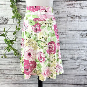 Spiegel Skirt size 14 Pink Green Floral Rose Knee A Line Stretch Wedding Modest